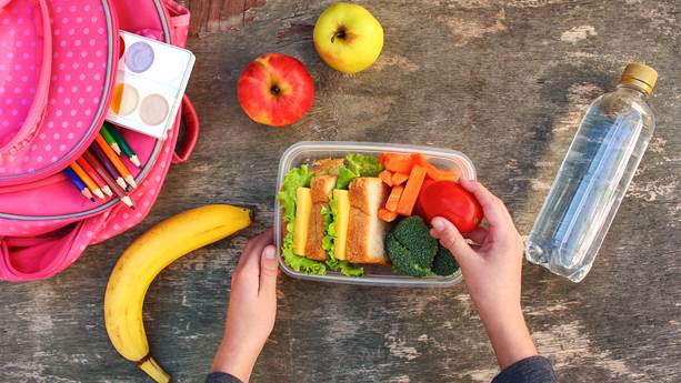 Sandwiches, fruits and vegetables in a plastic tupperware with a backpack and water bottle beside it on a wooden background.